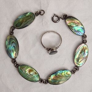Vintage Silver Abalone Bracelet Ring Set